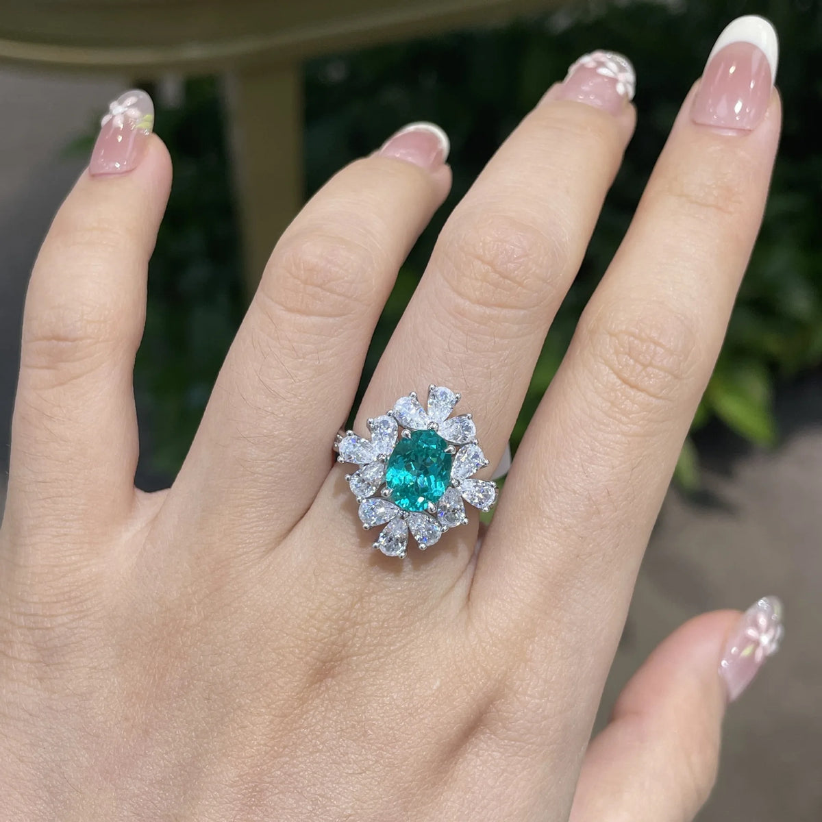 Mixed-Cut Halo Oval Lab-Grown Paraiba Tourmaline Statement Ring S925 Silver Rhodium Plated Gemstone Jewelry for Luxury Vacation