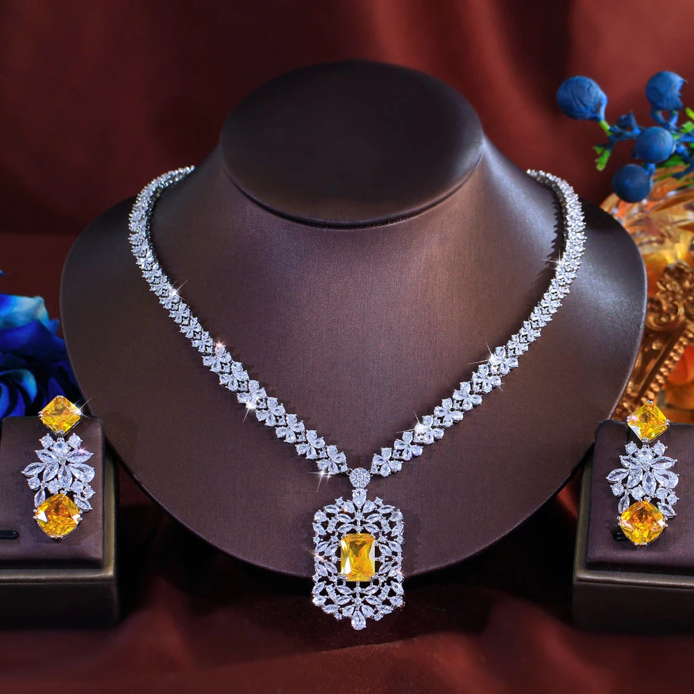 White Gold Color Blue Shiny Cubic Zircon Stone Indian Women Luxury Wedding Necklace and Earrings Costume Jewelry Set for Brides