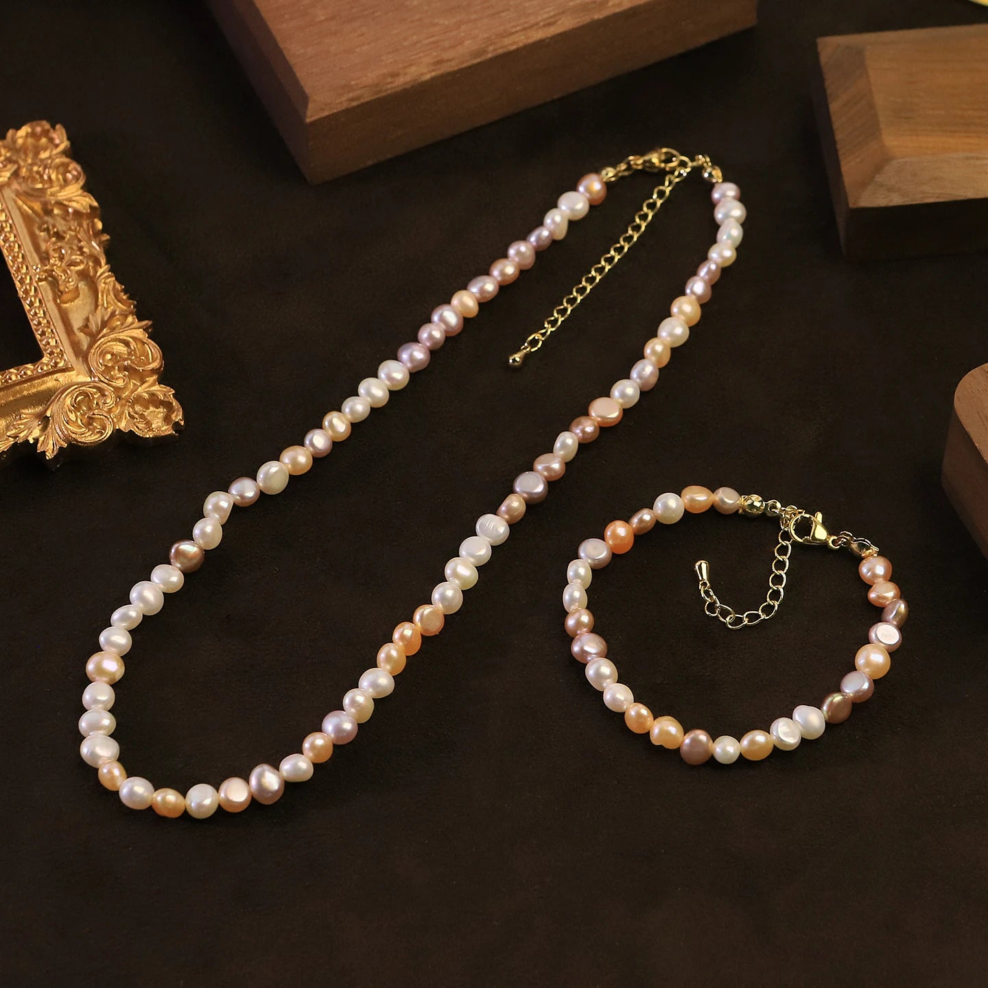 GLSEEVO Multicolour Natural Freshwater Pearl Necklace & Bracelet Set — Blush, Peach & Lavender