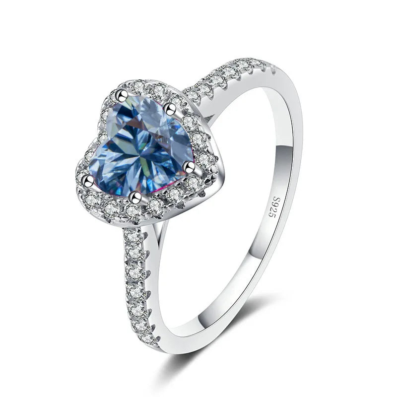 Wholesale Fine Jewelry S925 Sterling Silver Love Heart Ring Light Luxury 1Carat Colorful Heart Shaped Moissanite Engagement Ring