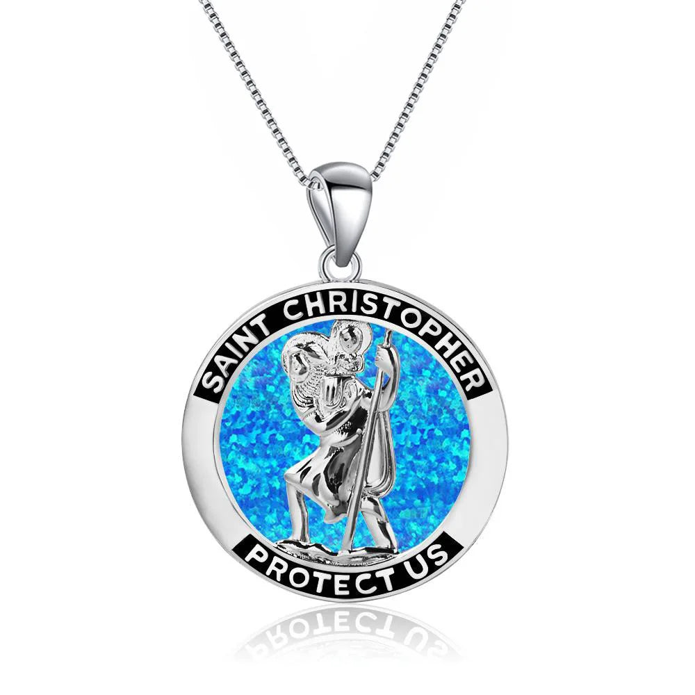 TikTok Ins Viral Copper Opal Virgin Mary Pendant Necklace | Blue Fire Gem Statement Jewelry Link Chain Silver Plated Wholesale