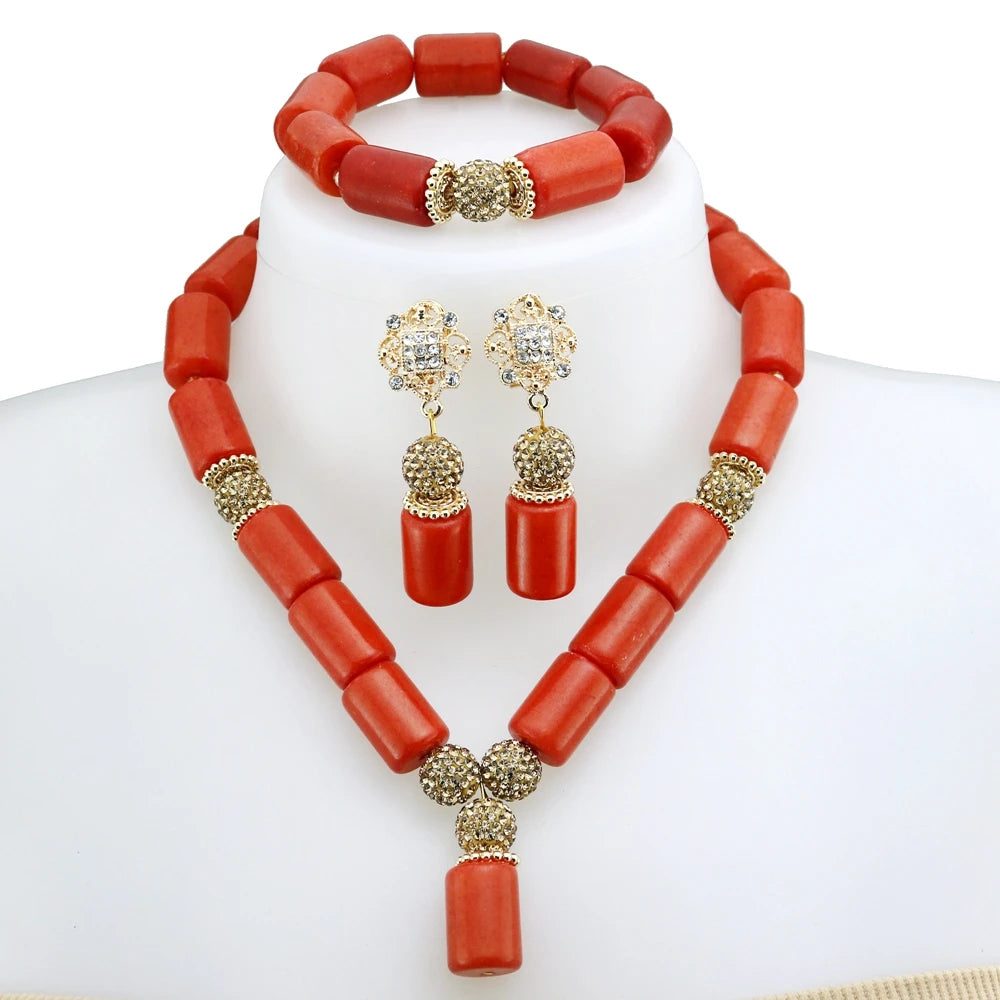 Zhuerrui African Traditional Wedding Jewelry Set Red Beaded Necklace Earring Set with Floral Carving & Gold Filigree YL136