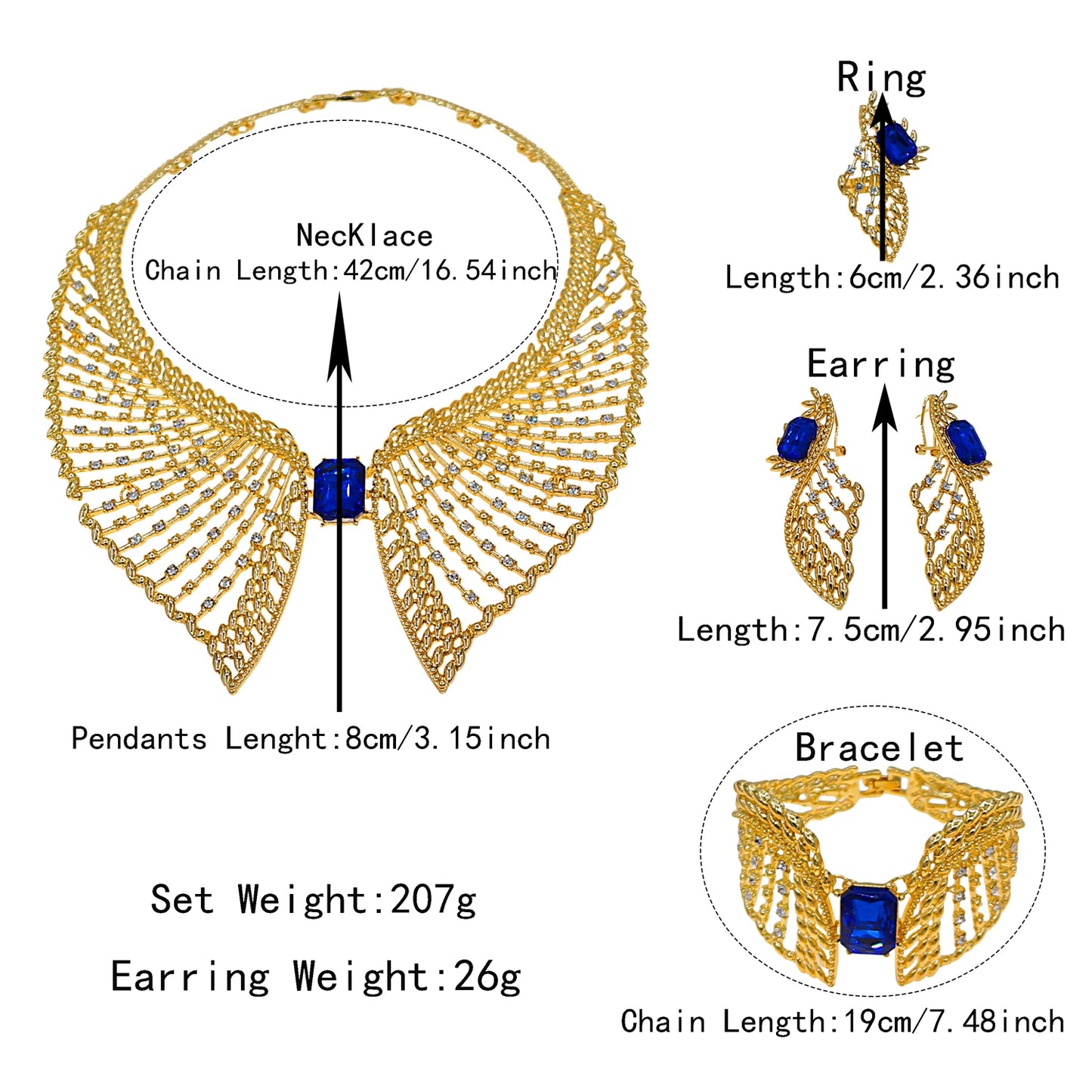 Zhuerrui Gold Plated Feather Design Necklace Bracelet Earrings Set with Blue Gemstones Rhinestones for Party Wedding 100029