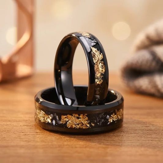 REBEL Fashion Jewelry 6mm Tungsten Carbide Ring with Gold Foil Meteorite Inlay for Men Wedding Anniversary