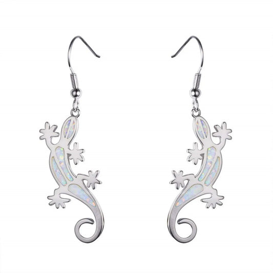 Gecko Opal Drop Earrings - Blue Fire Opal Solitaire & CZ Accent Design | Elegant Formal Jewelry Bulk Gifts