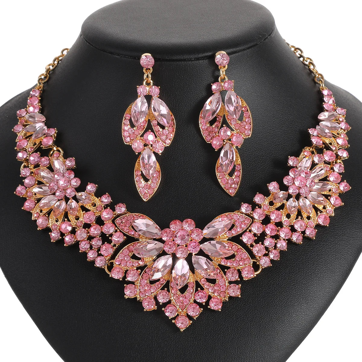 Retro Leaves & Flowers Crystal Necklace & Earrings Set | Exaggerated Luxury Bridal Jewellery | 10 Colours