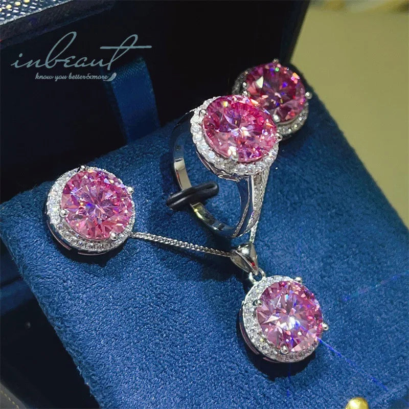 S&S 8ct Pink Moissanite 925 Silver Bridal Jewellery Set | Ring, Earrings & Pendant Necklace | S&S Collection