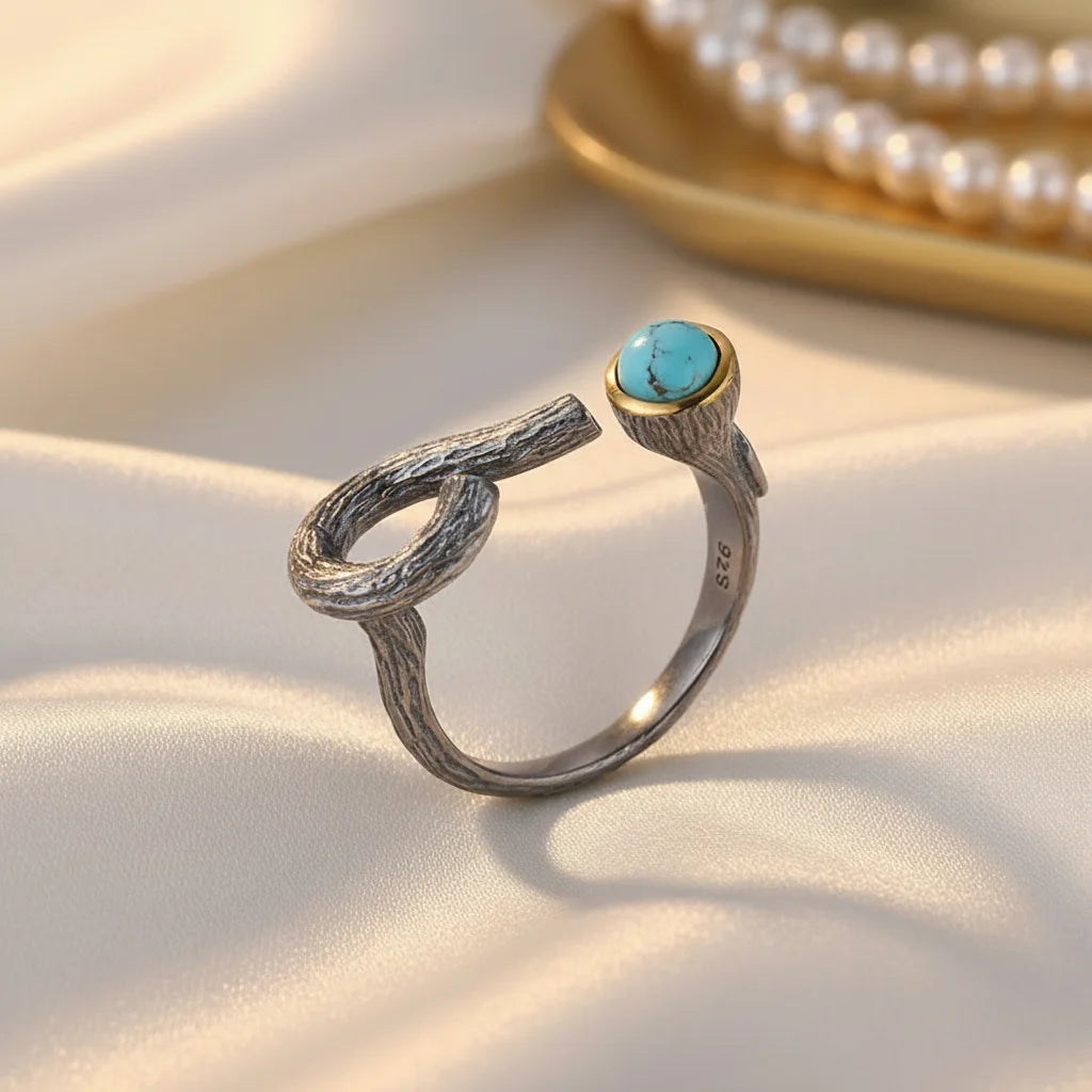 Natural Turquoise Bark Grain 925 Sterling Silver Ring with Gold Plated