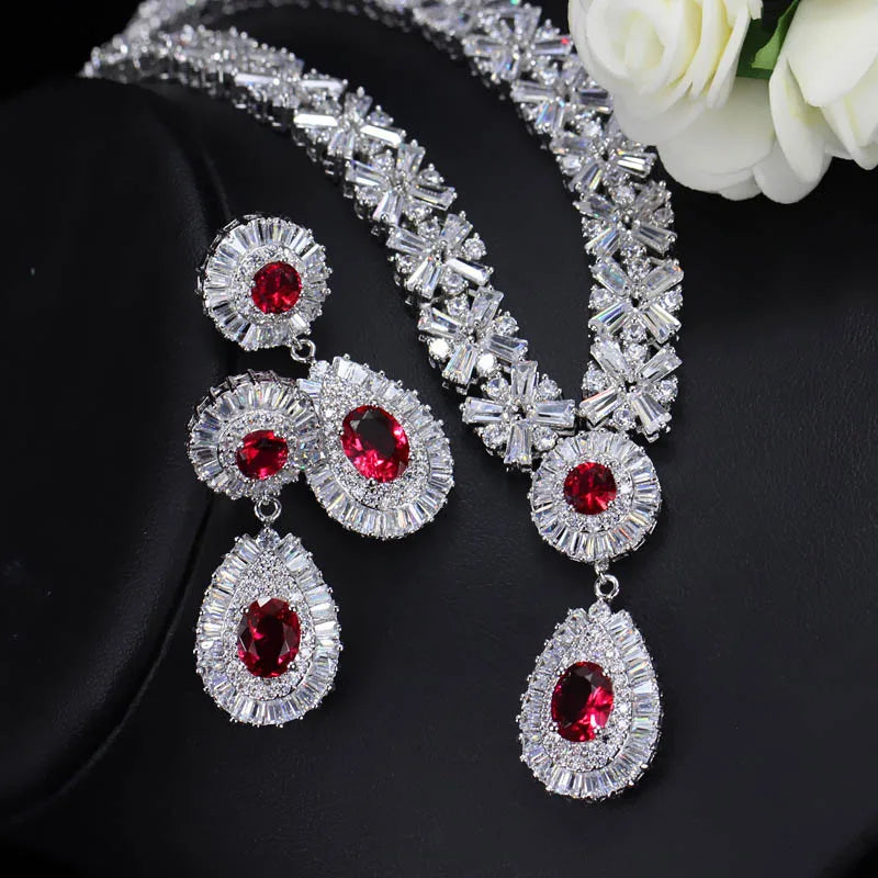 Popular American Style Full Cubic Zircon Inlay Water Drop Shape Pendant Wedding Bridal Jewelry Set for Women Honorable Jewelry