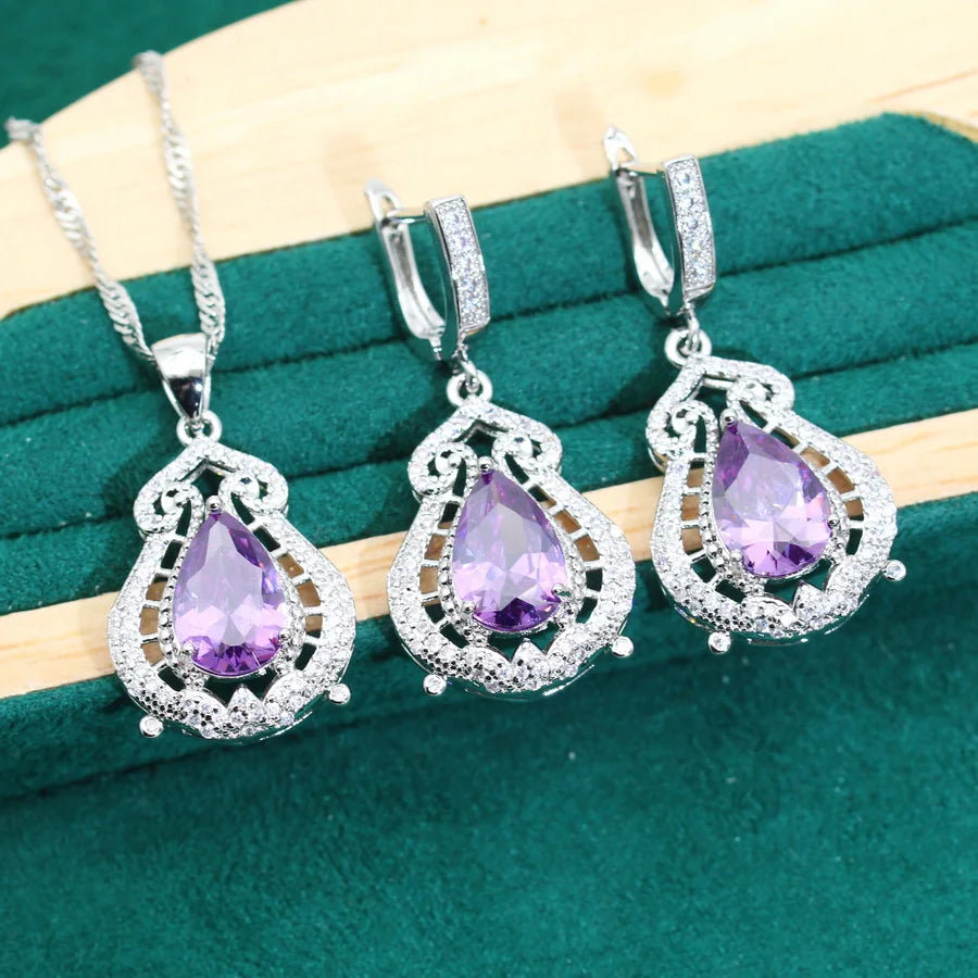 XOTICA 2024 New Purple Zirconia 925 Silver Women's Jewelry Sets Wedding Earrings Rings Pendant Necklace-for Parties Engagements