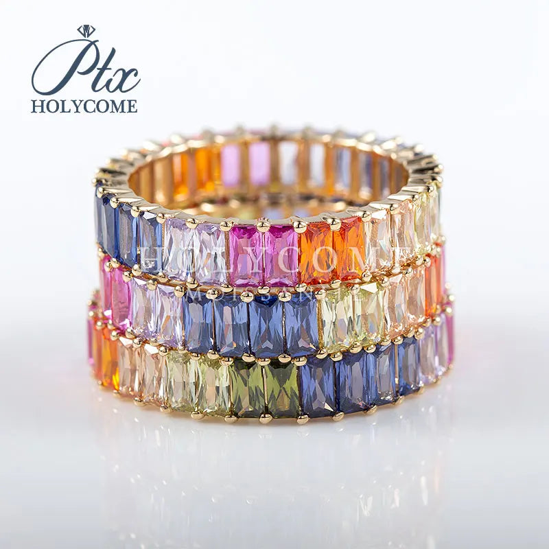 Gemfiori Real 18k Solid Gold Ring Colorful 3x5mm Rectangular Moissanite Diamond Women Ring Luxury Fashion Wedding Engagement Ring