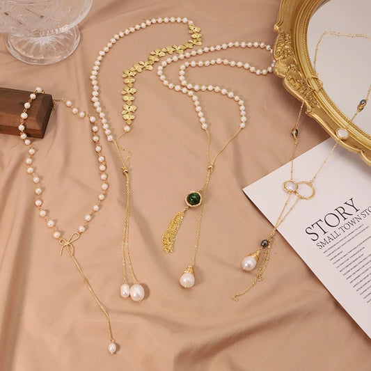 Natural Pearl Sweater Necklace for Women Bride Wedding Custom Handmade Vintage 18k Gold-Plated Long Necklace Fine Jewelry