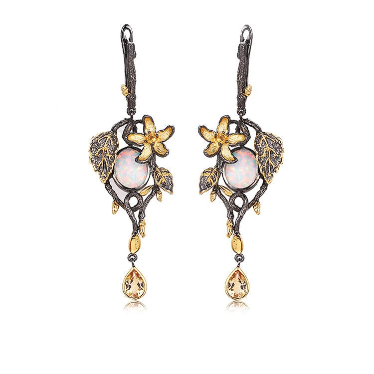 Handmade Indian Vintage 925 Sterling Silver Dangle Women Earrings with Opal Citrine for Party & Gift