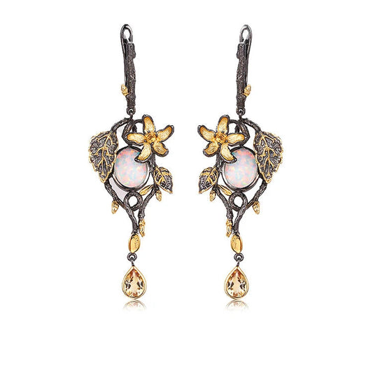 Handmade Indian Vintage 925 Sterling Silver Dangle Women Earrings with Opal Citrine for Party & Gift