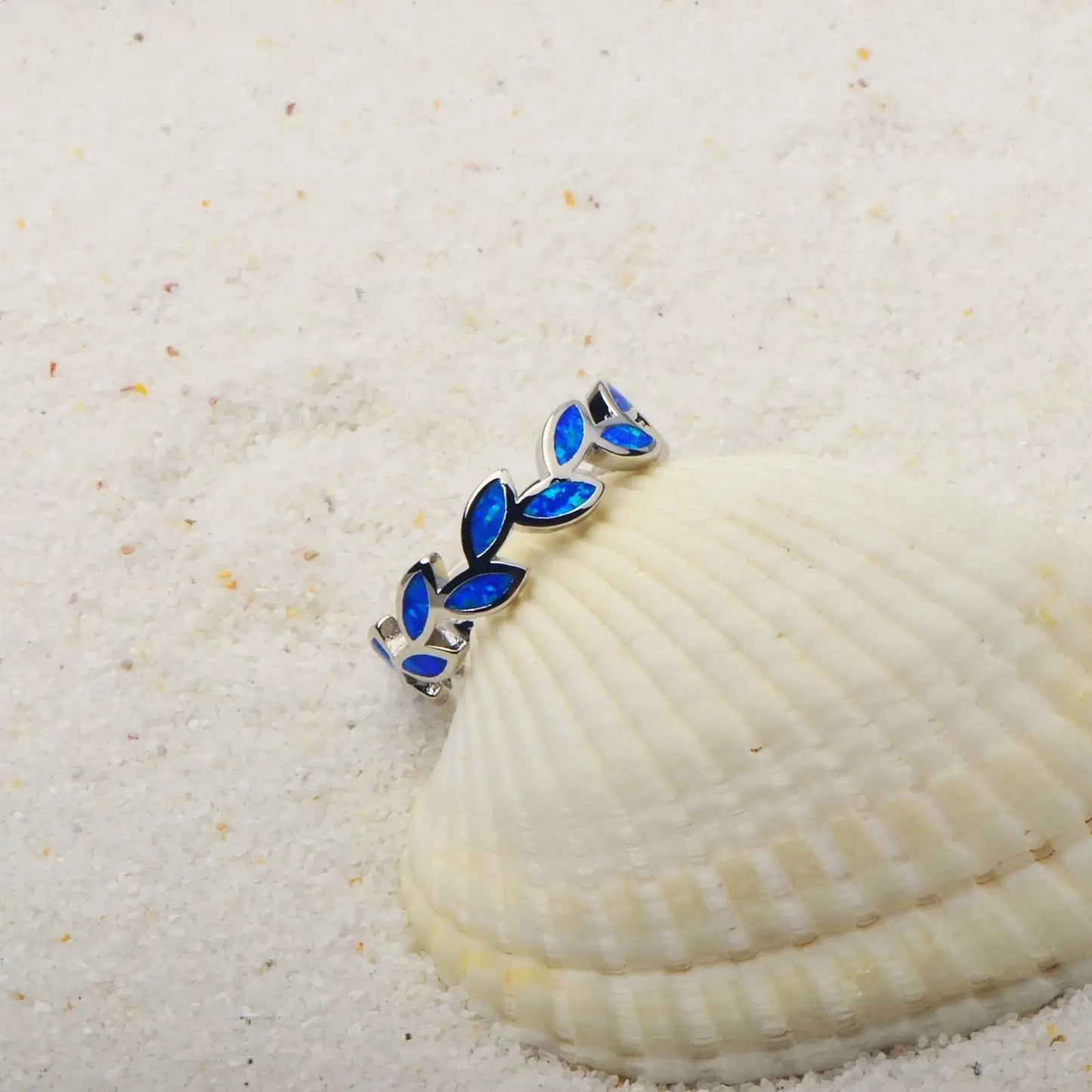 Leaf-Shaped Blue Opal Twisted Ring | Iridescent Gem Inlay Band | Nature-Inspired Fashion Jewelry for Women Trendy Wear