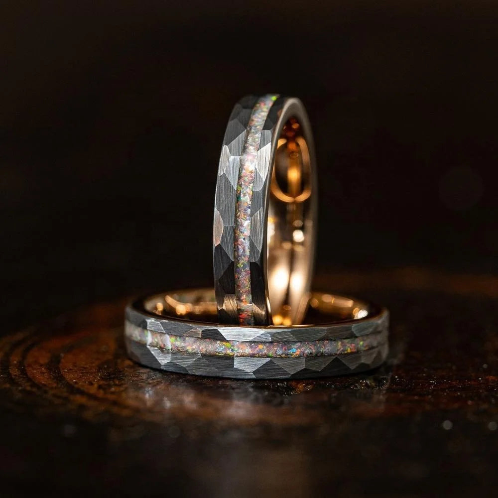 OAHLAN 6mm Fashion Jewelry Hammered Tungsten Carbide Ring Crushed Opal Inlay Rose Gold Plated Women Men Engagement Wedding Band