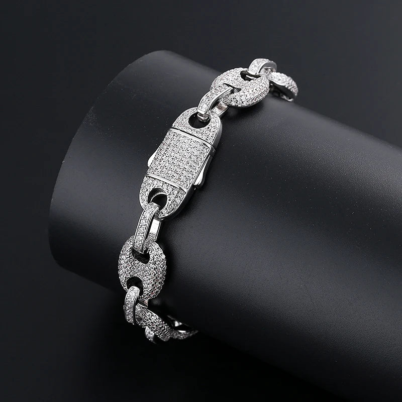 Wholesale Hip Hop Brass Jewelry Miami Cuban Chain Men's Necklace Bracelet Shiny Zircon Ice Out Jewelry Set Gift Wedding