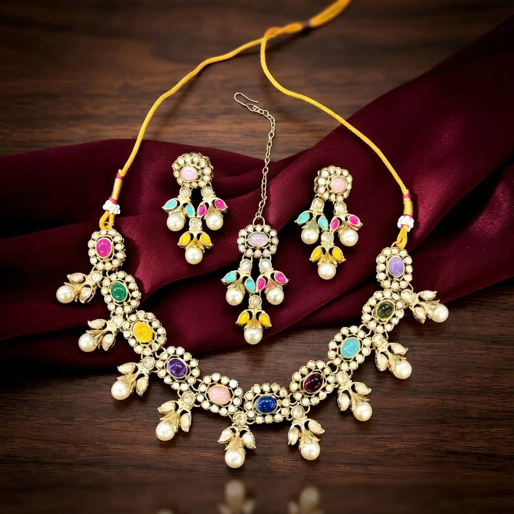 Premium Navratna Pearl Heritage Choker Necklace Set with Matching Earrings and Maang Tikka Traditional Bridal Jewelry