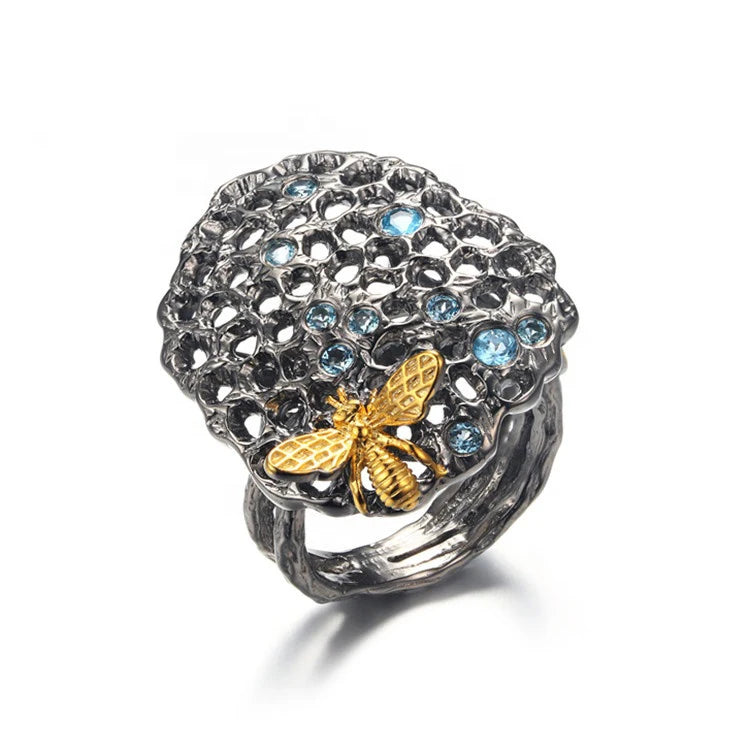 Wholesale Gold Plated Design New Retro Openwork 925 Sterling Silver Blue Topaz Ring With Cheap Price