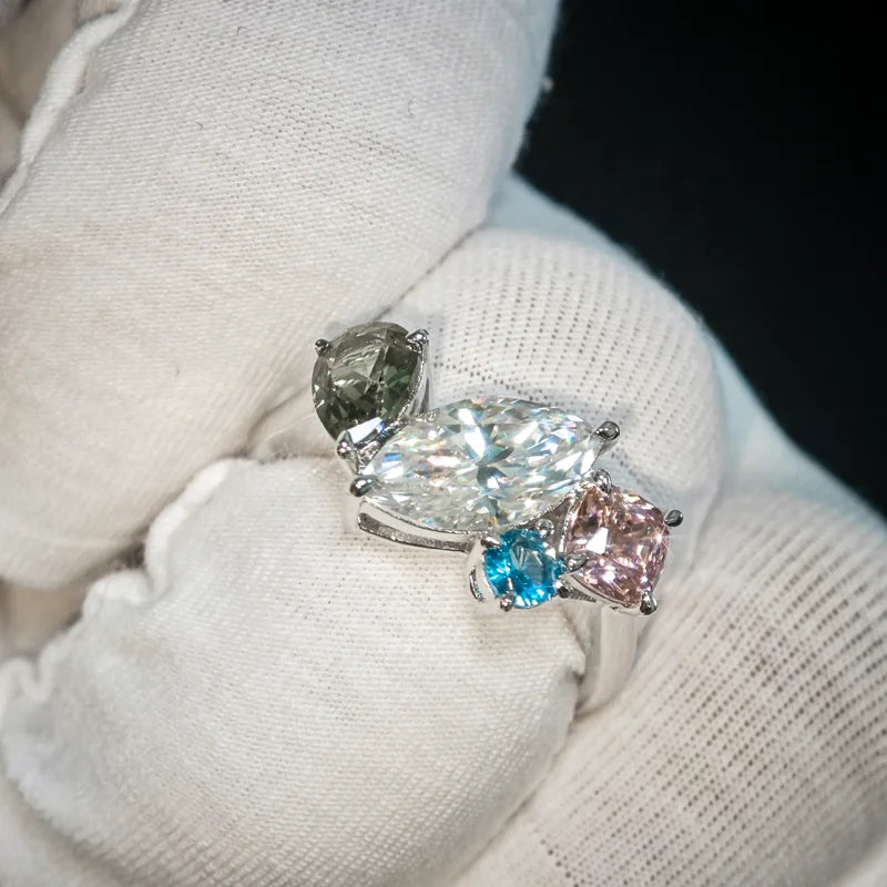 Gemfiori Fine Jewelry PT950 Marquise Cut Moissanite Sapphire Cocktail Colorful Gemstone Ring Pear Platinum Ring Pass Diamond Tester