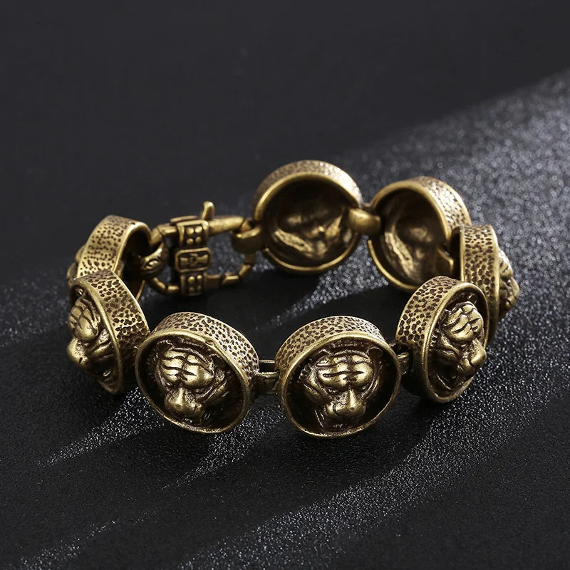 REBEL 225mm Punk Brass Stainless Steel Round Link Bracelets With Tiger Patterns