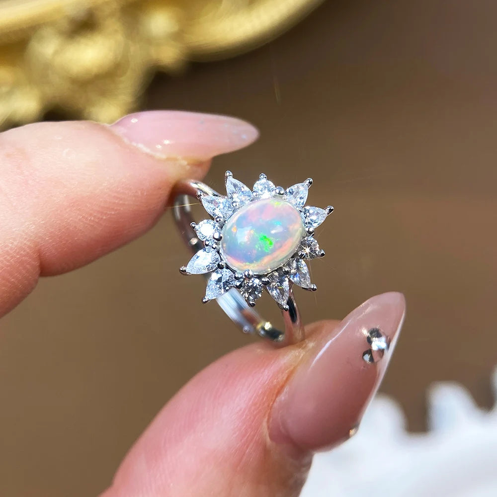 Gioiellieri High Quality Natural Opal Rhodium Plated Luxury 925 Sterling Silver Prong Set Certified Gemstone Ring for Women Everyday Wear