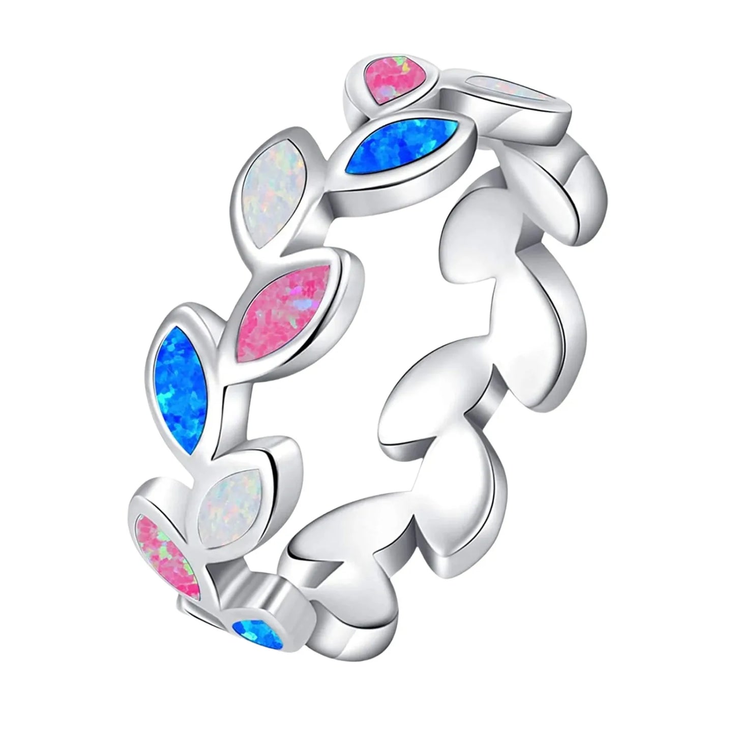 Leaf-Shaped Blue Opal Twisted Ring | Iridescent Gem Inlay Band | Nature-Inspired Fashion Jewelry for Women Trendy Wear