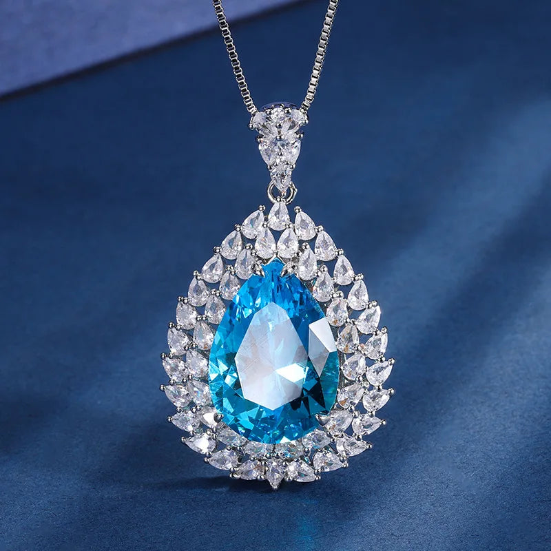 Gemfiori European and American New Light Luxury pink Zircon Pendant Ring High-end Micro Inlaid Water Droplet Shaped Dazzling Jewelry Set