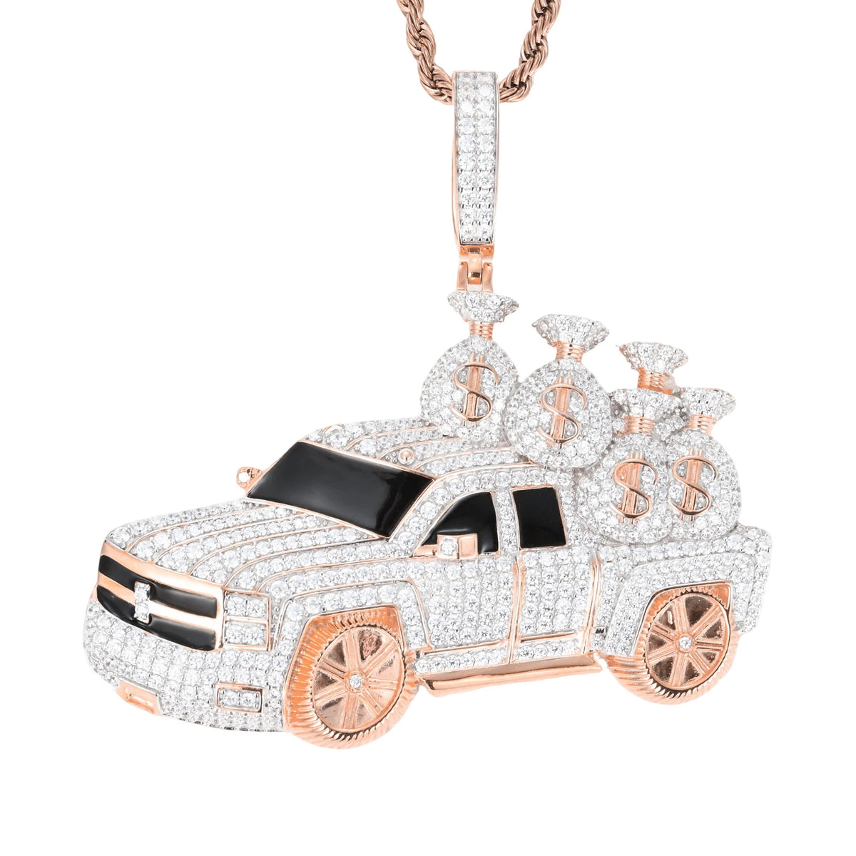 High Quality Hip Hop Jewelry 18K Gold Plated Brass AAAAA CZ Diamond Iced Out Pickup Truck Pendant with Money Bags