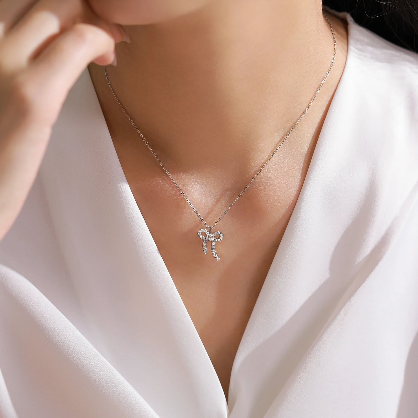 Ailmay Elegant 925 Sterling Silver Bow Earring Necklace Set For Women Fashion Mother's Day Jewelry Gift