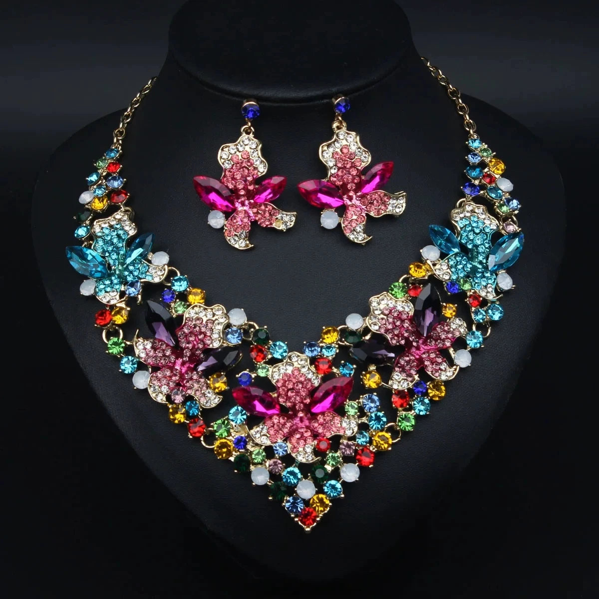XM S293 Gold Plated Princess Cut Multicolour Zircon Floral Statement Necklace & Earrings Bridal Set