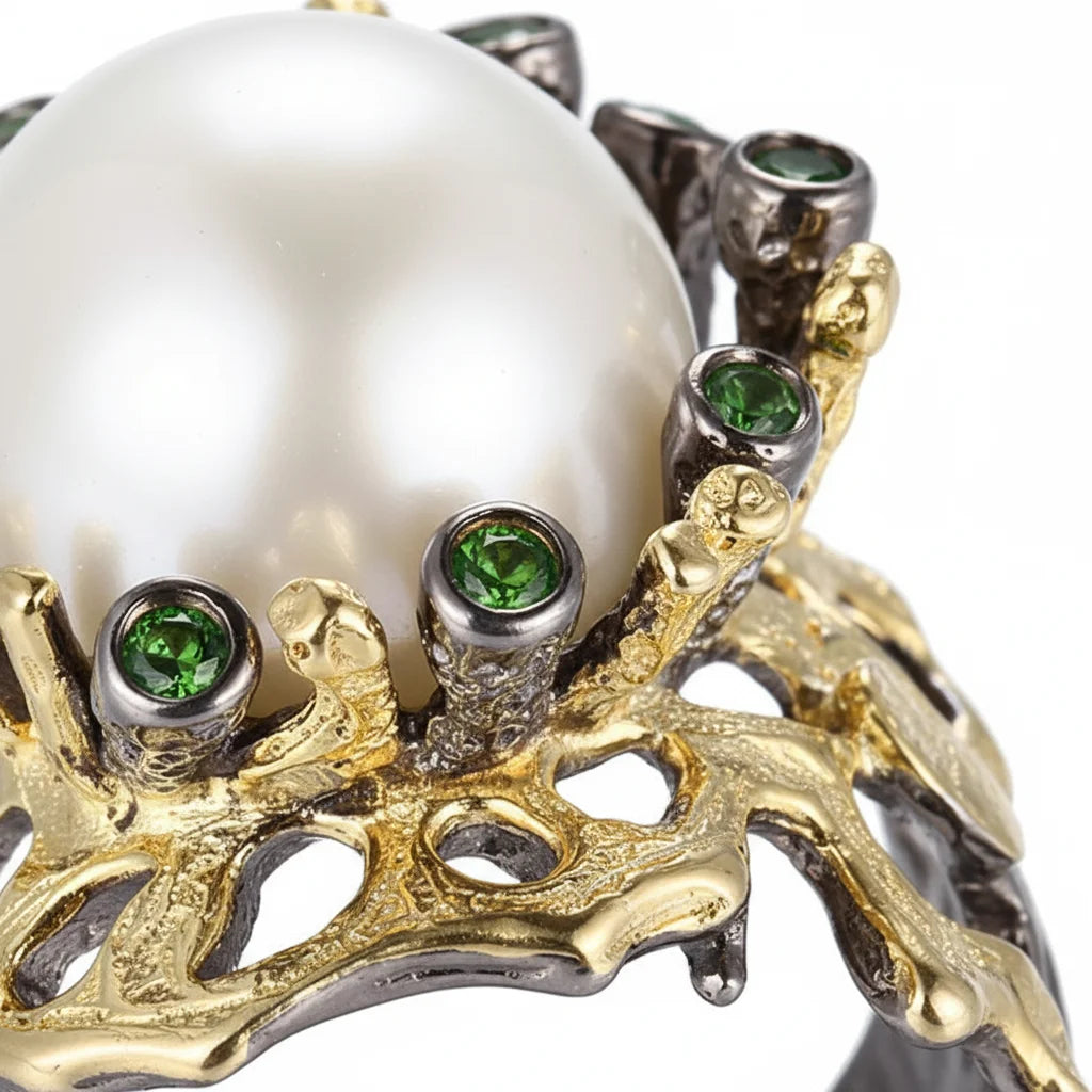Perfect Baroque Button Pearl 925 Sterling Silver Jewelry Black Ring