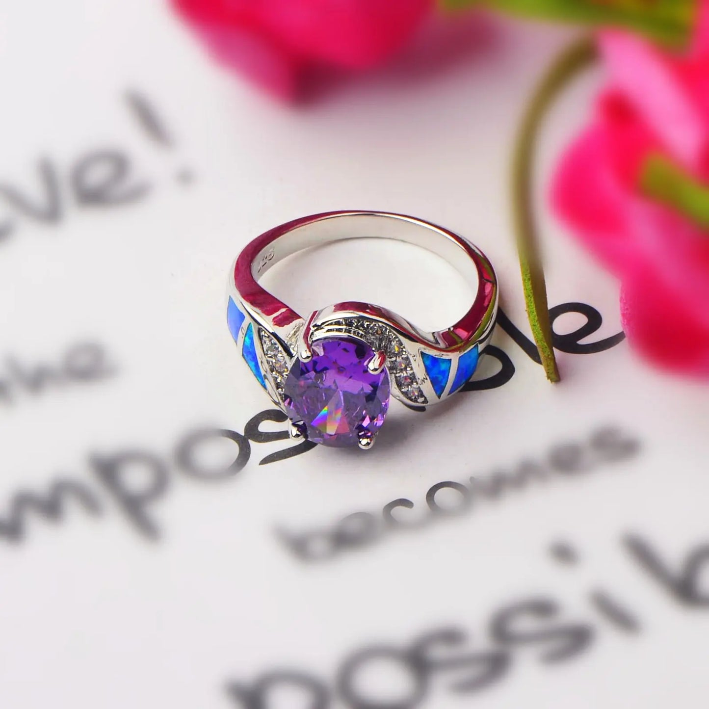 Statement Purple Gemstone & Blue Opal Ring | Zircon-Accented  Band | Luxury Fashion Jewelry for Women Men