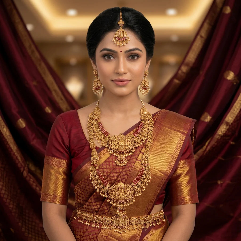 Premium Antique Temple Lakshmi Bridal Jewelry Set with Layered Necklace Traditional Wedding South Indian Gold Design