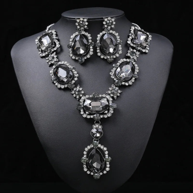 Crystal & Rhinestone Statement Necklace & Earrings Jewellery Set | Bold Retro Glam Fashion Set