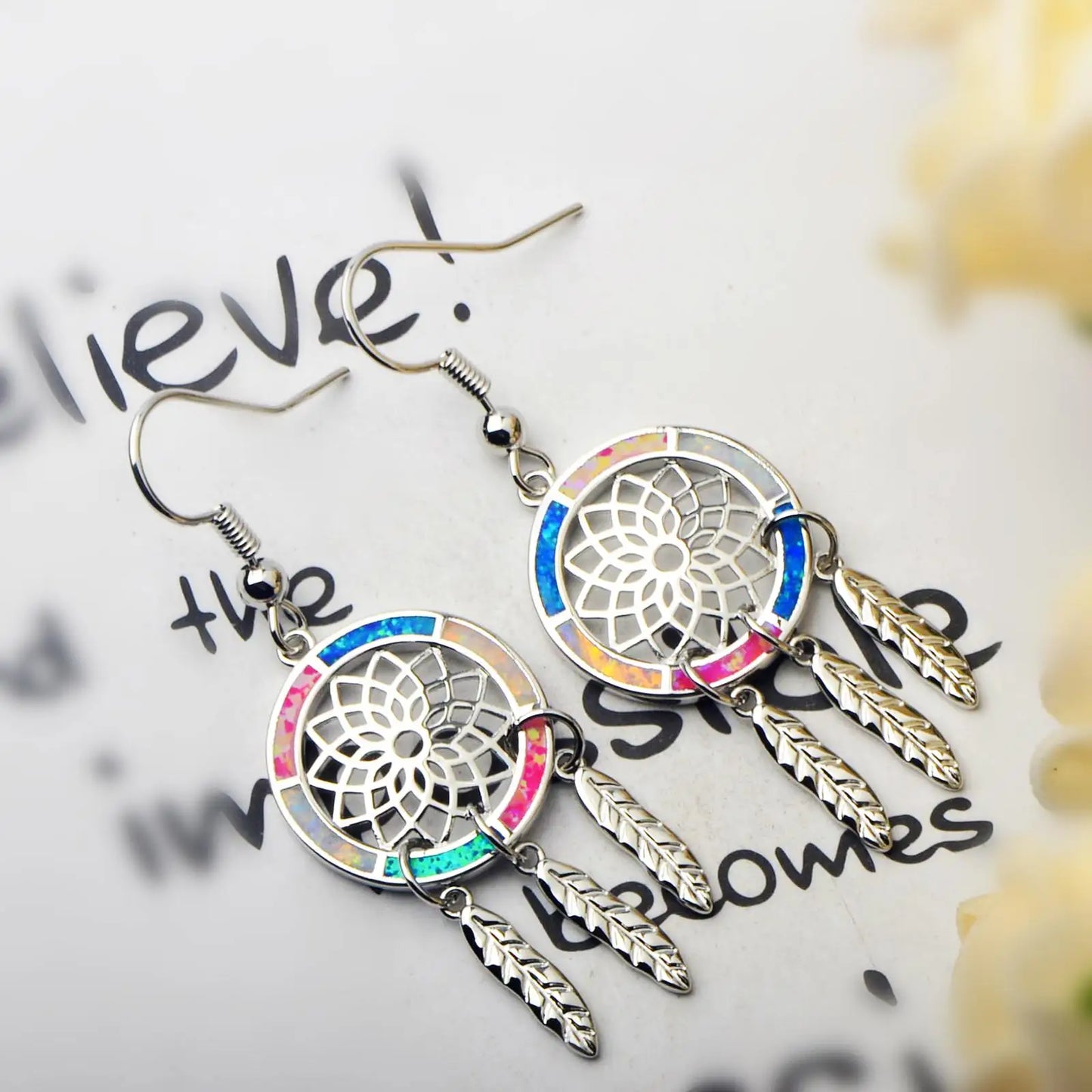 Elegant Lotus Feather Opal Earrings - Chic Brass Minimalist Jewelry | Perfect Womens Gift & Bulk Wholesale