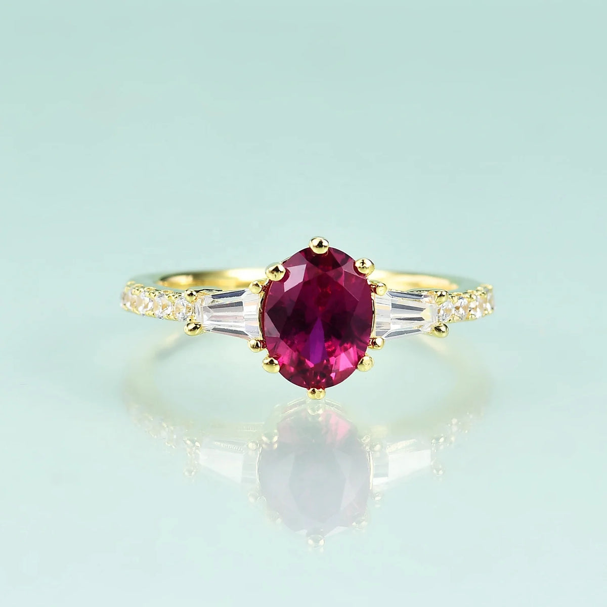 ArtistA Abiding Delicate Fine Jewelry Six Prongs 925 Sterling Silver Gold Plated Pinkish Red Lab Grown Ruby Gemstone Rings for Female