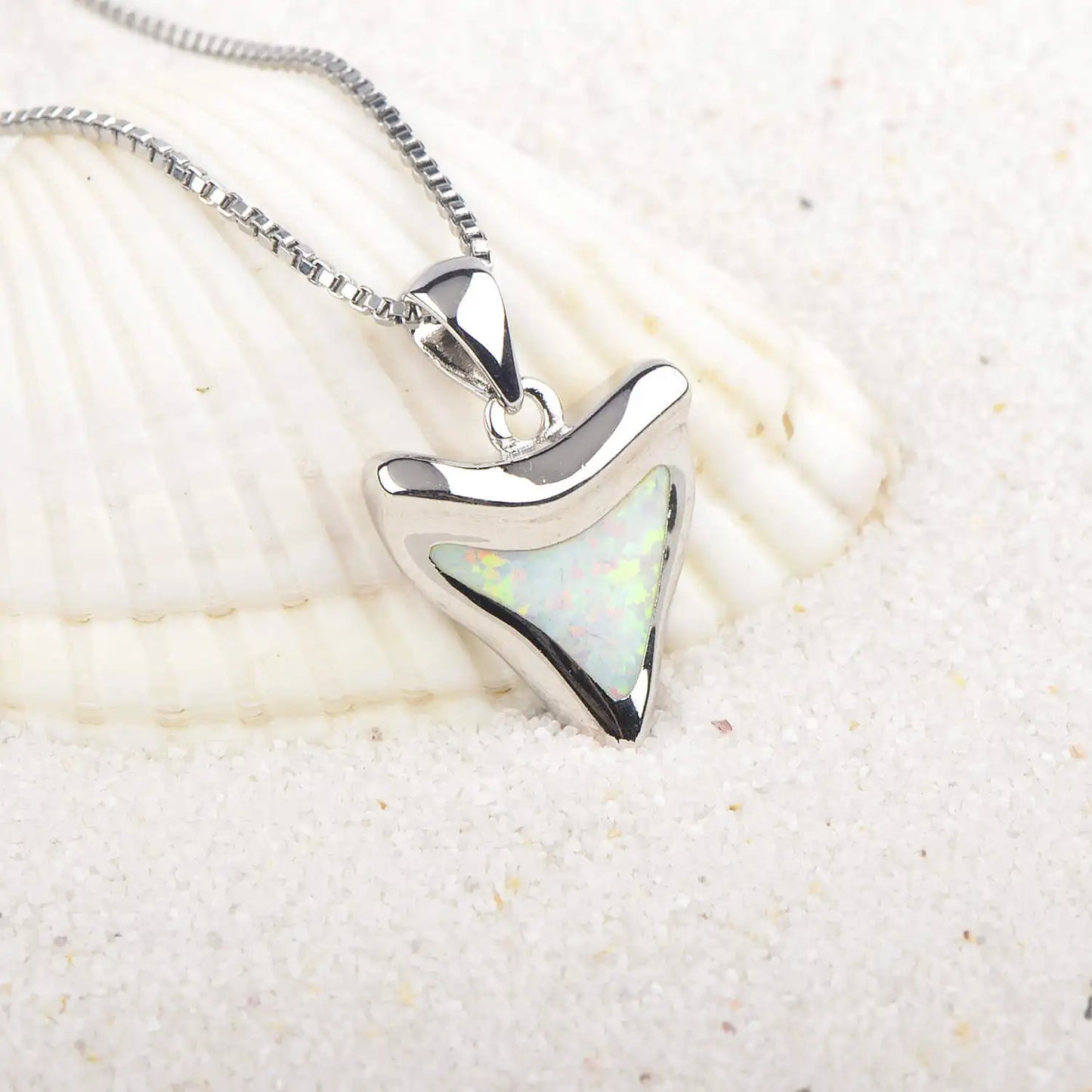 Aobao Christian Copper Box Chain Shark Tooth Necklace Tooth Pendant with Opal Women's Gift