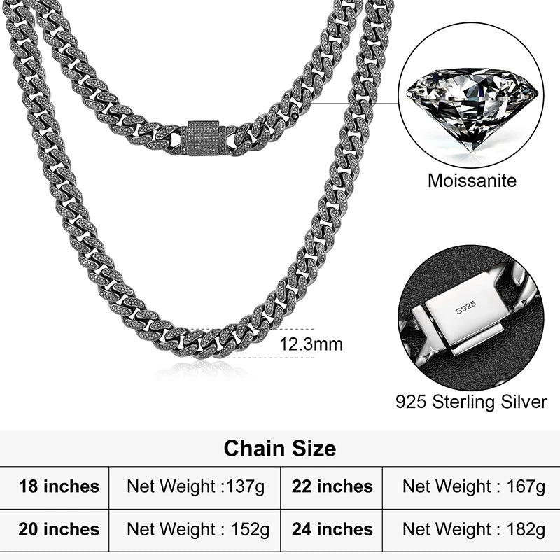 REBEL Item 12mm Black Vvs Moissanite Iced Out Cuban Link Chain Hop Fine Jewelry 925 Sterling Silver Cuban Necklace