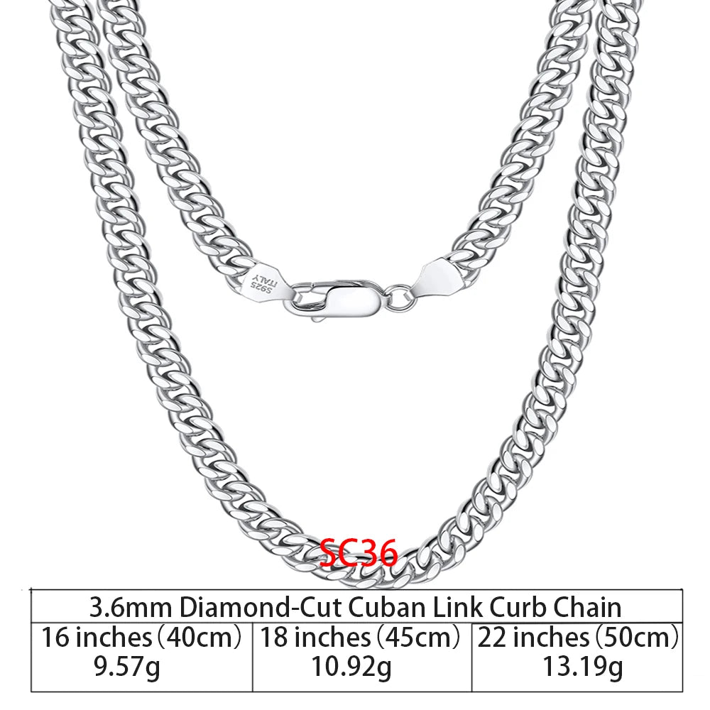 RINNTIN SC36 925 Sterling Silver Chains Hip Hop Jewelry 3.6/5/7mm Chunky Diamond-Cut Cuban Link Chain Necklace for Men Women