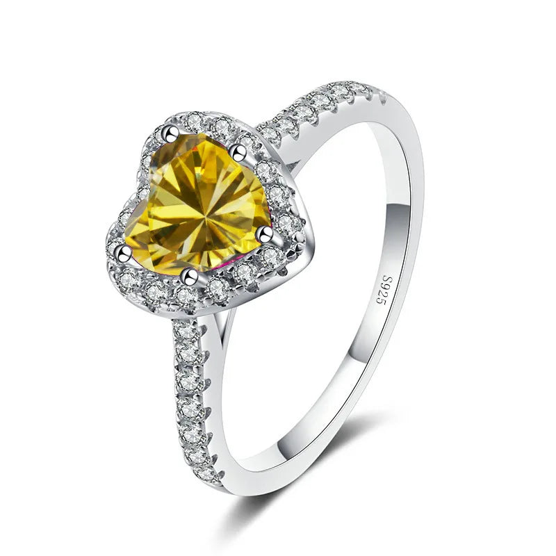 Wholesale Fine Jewelry S925 Sterling Silver Love Heart Ring Light Luxury 1Carat Colorful Heart Shaped Moissanite Engagement Ring