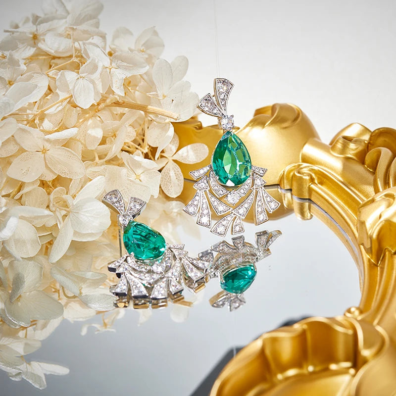 High Quality Jewelry Plated with Brass Green Gemstone Necklace Earrings  Exaggerated Fashion Set  Women's Pendant Necklace