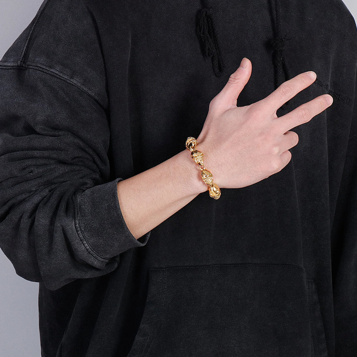 KALEN Punk Skeleton Hand Charm 18K Gold Plated Stainless Steel Bracelet for Men