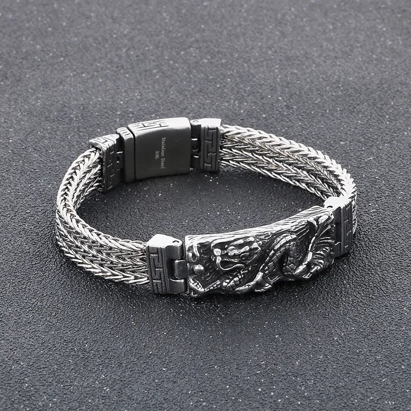 KALEN 22cm Punk Stainless Steel Bracelet Chinese Dragon Pattern Chain Men Bracelet