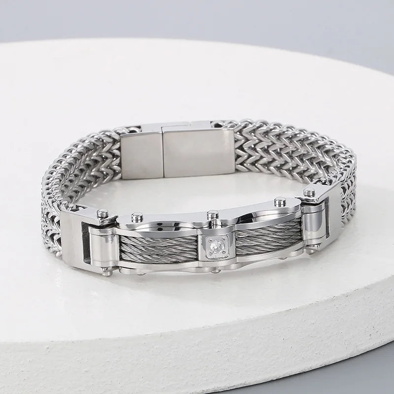 REBEL Unisex Trendy Jewelry Fashion Bracelets Stainless Steel Rhinestone Herringbone Bracelet Bangle