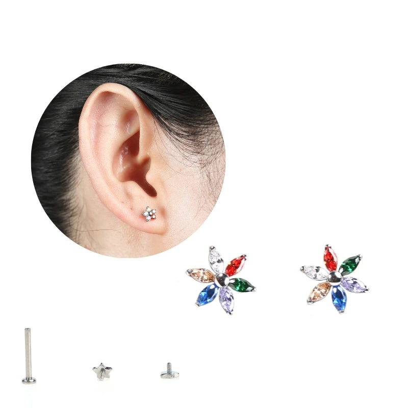 Minimalist Titanium Six Leaves Flower Stud Earrings Simple Internally Threaded Piercing Jewelry Trendy Style