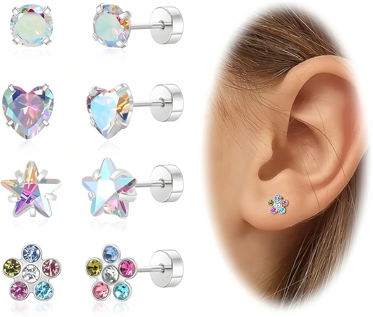 S&S 316L Titanium Steel Zircon Stud Earring Set – 4 Pairs – Collection