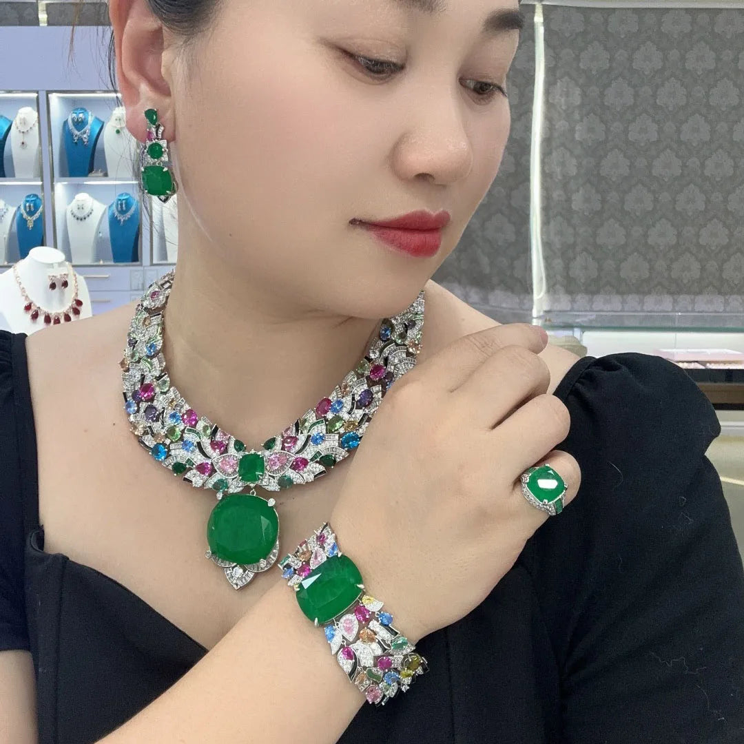 Luxury Colorful Gemstone Jewelry Set Gold Plated Enamel Heavy Design Brand Style Evening Party Dress Accessories