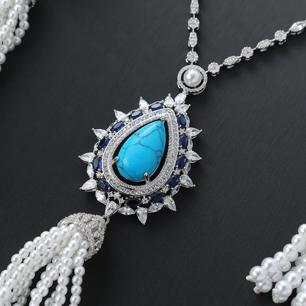 2024 Latest Fashion Long Necklace Design Dubai Saudi Arabia Jewelry Set Bridal Women Blue Turquoise Pearl Jewelry Sets