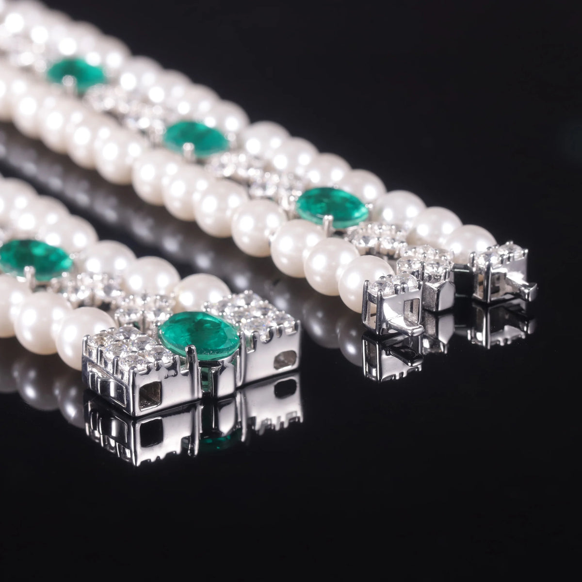 Gemfiori AB067 Abiding Exquisite Imitated White Pearl Emerald White Quartz 925 Silver 3 Row Tennis Bracelet for Ladies at Best Price